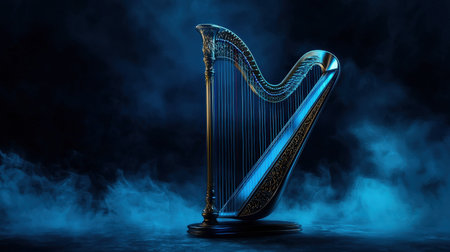 Enchanted harp with blue neon strings, isolated on white, perfect for whimsical or mythical themesの素材