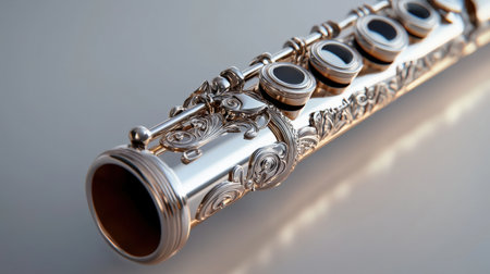 Silver flute with engravings, isolated on white, ideal for magical and enchanted music themesの素材