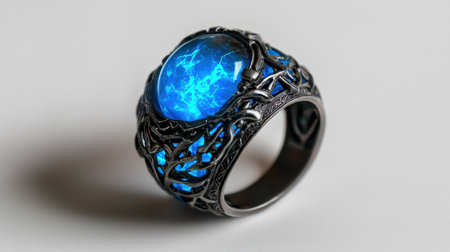 Sorcerer ring with neon blue details, isolated on white, glowing with magical energyの素材