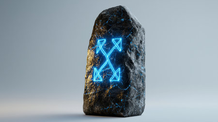 Mystical rune stone glowing in blue neon, isolated on white, ideal for magical and enchanted settingsの素材