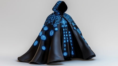 Wizard cloak adorned with blue neon symbols, isolated on white, perfect for mystical and fantasy themesの素材