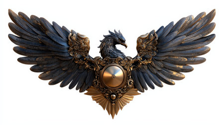 Phoenix crest insignia isolated on white, detailed and regal, ideal for fantasy-themedの素材