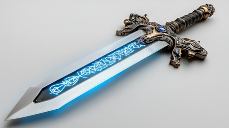 Sword of wisdom with blue neon engravings, isolated on white, perfect for enchanted settingsの素材