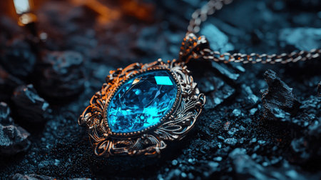 Mystic necklace with neon blue gemstone, isolated on white, glowing for magical themesの素材