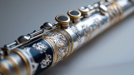 Silver flute with engravings, isolated on white, ideal for magical and enchanted music themesの素材
