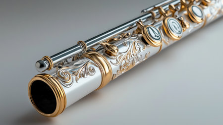Silver flute with engravings, isolated on white, ideal for magical and enchanted music themesの素材