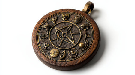 Magical talisman with engraved symbols, isolated on white, ideal for mystical brandingの素材