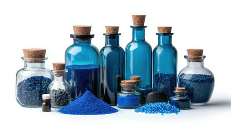 Blue neon spell ingredients in glass bottles, isolated on white, great for enchanted themesの素材