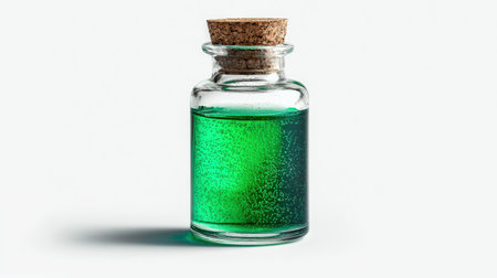 Potion vial with radiant liquid, isolated on white, perfect for fantasy and spellbinding designsの素材