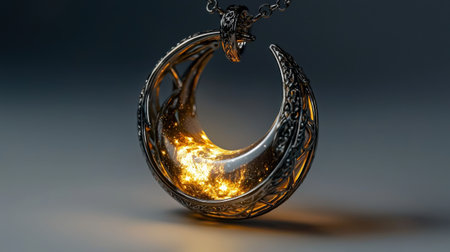 Moon charm necklace with glowing crescent, isolated on white, ideal for fantasy or celestial themesの素材