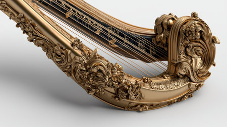 Golden harp with magical detailing, isolated on white, perfect for myth and legend-themed designsの素材