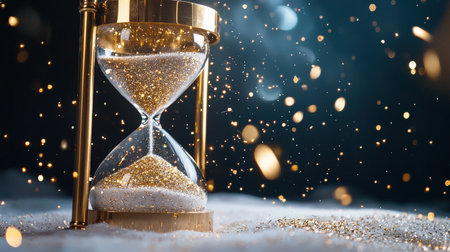 Golden hourglass filled with stardust, isolated on white, perfect for time and magical themesの素材