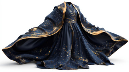 Wizard robe with celestial patterns, isolated on white, flowing and mystical for fantasy brandingの素材