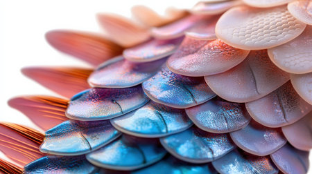 Mermaid scale with shimmering colors, isolated on white, intricate and magical, ideal for fantasyの素材