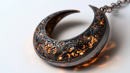 Moon amulet isolated on white, glowing crescent with detailed engravings, perfect for mystical themesの素材