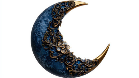 Moon amulet isolated on white, glowing crescent with detailed engravings, perfect for mystical themesの素材