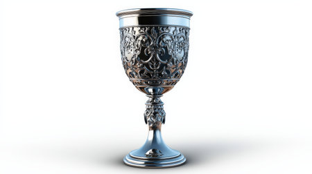 Silver goblet with detailed engravings, isolated on white, perfect for medieval or fantasy brandingの素材