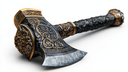 Dwarven axe with intricate metalwork and runes, isolated on white, perfect for fantasy adventure brandingの素材