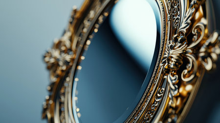 Enchanted mirror with ornate frame, isolated on white background, showing hints of magical reflectionsの素材