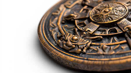 Ancient coin isolated on white, intricate details and mythical symbols, ideal for fantasy brandingの素材
