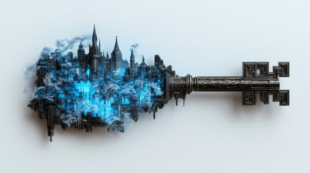 Ancient castle key glow blue neon fantasy isolated on white, heavy and detailed with mythical symbols, ready for fantasyの素材