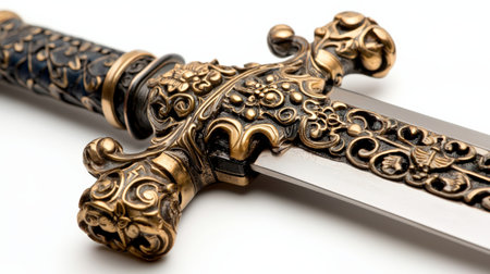 Sword with intricate hilt isolated on white background, finely crafted, perfect for medieval and fantasy themesの素材