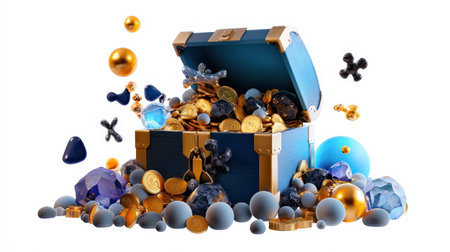 Treasure chest isolated on white background, filled with gold coins and gems, perfect for adventure brandingの素材
