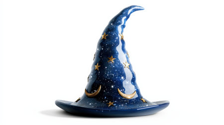 Wizard hat isolated on white background, tall and pointed with stars and moons, ideal for magical brandingの素材