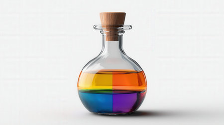 Potion bottle with colorful liquid isolated on white, unique shape and mystical aura, high-quality for product designの素材