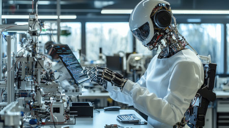 Close-up of robotic technician coding in advanced AI lab, detailed automation setup ideal for brandingの素材
