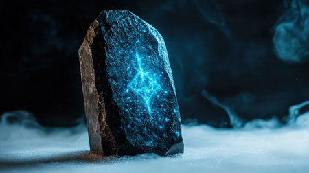 Mystical rune stone glowing in blue neon, isolated on white, ideal for magical and enchanted settingsの素材