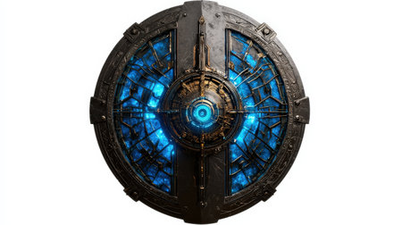 Ancient shield with blue neon detailing, isolated on white, perfect for fantasy adventure themesの素材