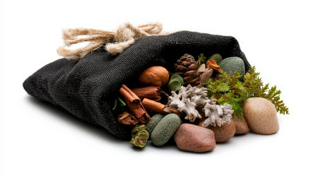 Herb pouch filled with magical ingredients, isolated on white background, great for fantasy designsの素材