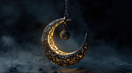 Moon amulet isolated on white, glowing crescent with detailed engravings, perfect for mystical themesの素材