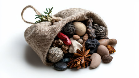 Herb pouch filled with magical ingredients, isolated on white background, great for fantasy designsの素材