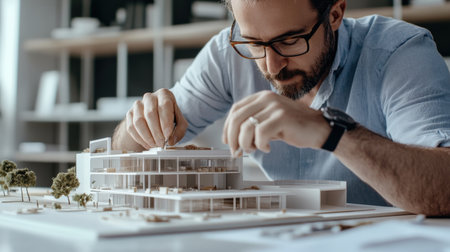 An architect is working on a model of a building skyscraper creative digital blue tone neonの素材