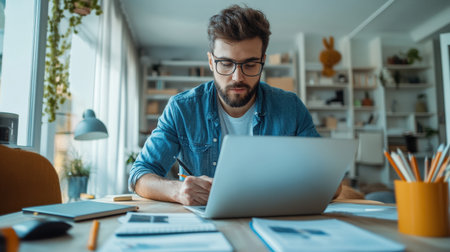 Portrait of a young business man in casual clothes working on a laptop computer at office or at home and writing at the desk making notes or calculations. Remote and freelance work concept --ar 16:9 --personalize jaydbm9 --v 6.1 Job ID: 43e52e23-110e-490f-95d7-776ca3f8d57fの素材