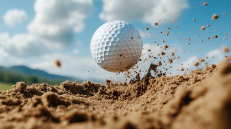 Golf ball in mid-air after being struck by a driver. golf ball sand pitの素材