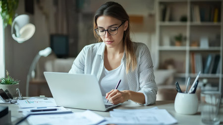 Portrait of a young business woman in casual clothes working on a laptop computer at office or at home and writing at the desk making notesの素材