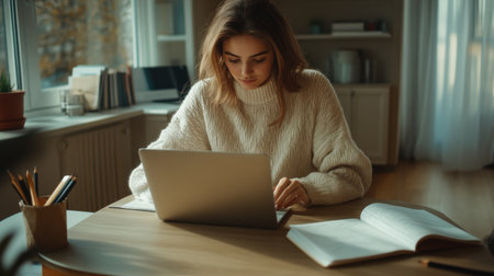 Portrait of a young business woman in casual clothes working on a laptop computer at office or at home and writing at the desk making notesの素材