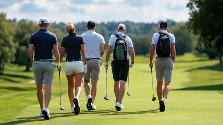 Golfer teeing off on a sunny day at a beautiful golf course.の素材