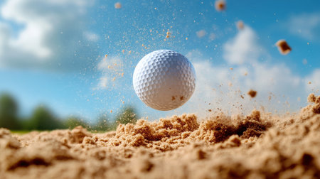 Golf ball in mid-air after being struck by a driver. golf ball sand pitの素材
