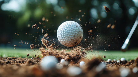 Golf ball in mid-air after being struck by a driver. golf ball sand pitの素材