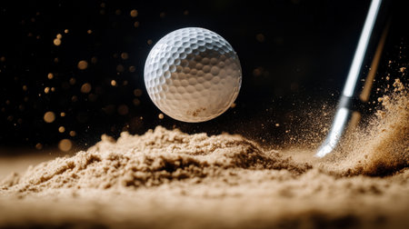 Golf ball in mid-air after being struck by a driver. golf ball sand pitの素材
