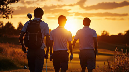 Group of golfers walking down the fairway with their clubs. sunsetの素材