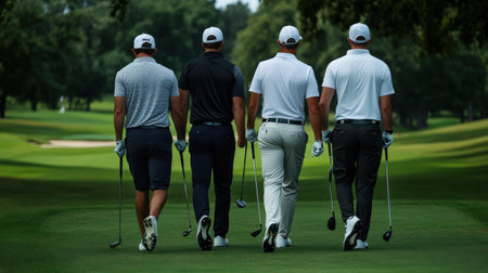 Golfer teeing off on a sunny day at a beautiful golf course.の素材