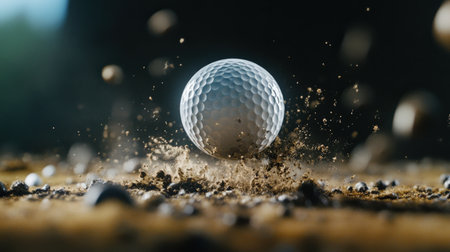 Golf ball in mid-air after being struck by a driver. golf ball sand pitの素材
