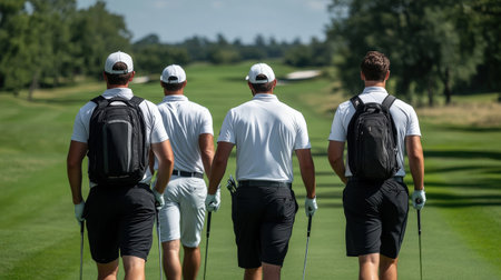 Golfer teeing off on a sunny day at a beautiful golf course.の素材