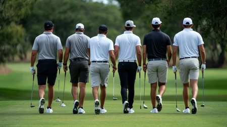 Golfer teeing off on a sunny day at a beautiful golf course.の素材
