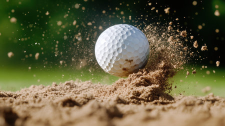 Golf ball in mid-air after being struck by a driver. golf ball sand pitの素材